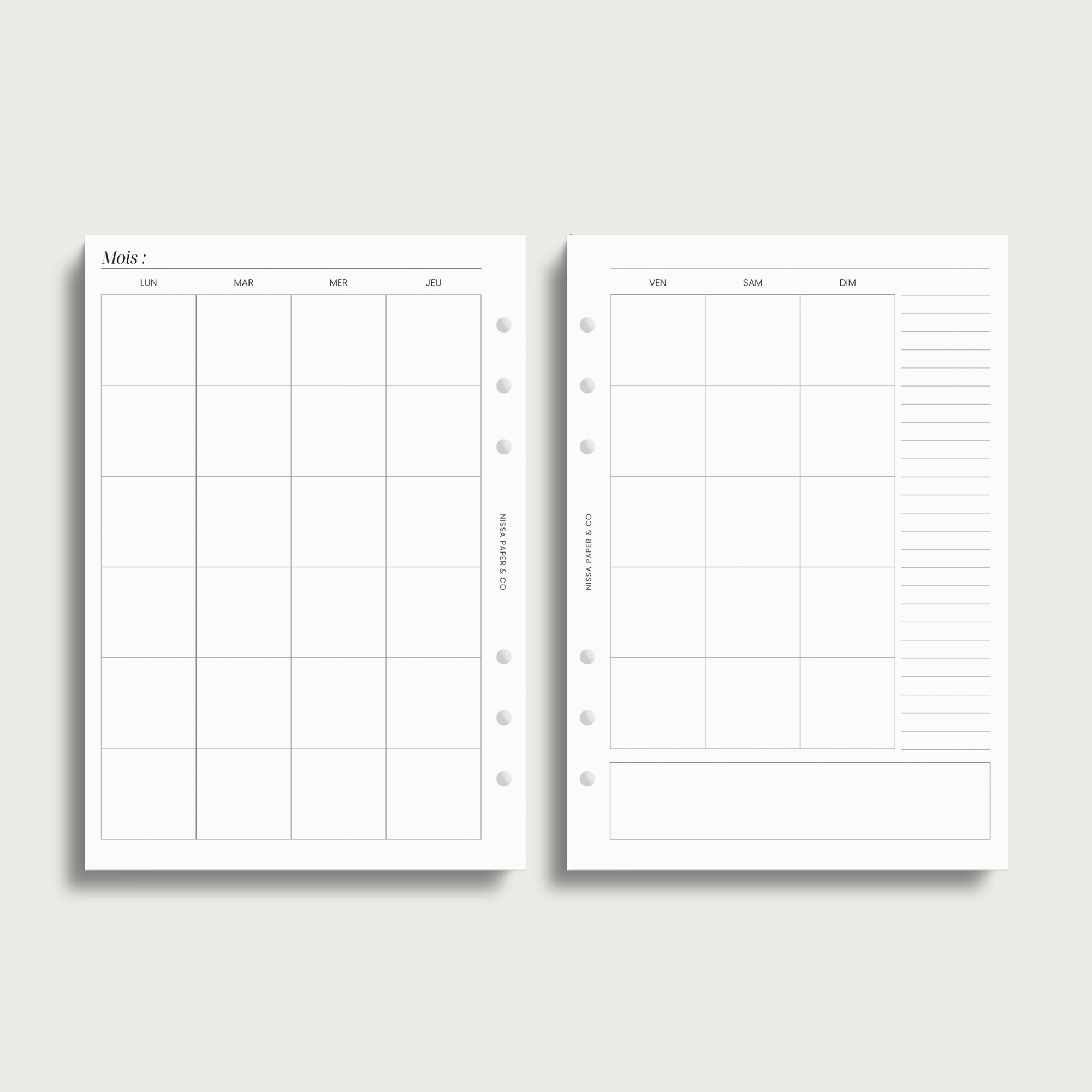 Insert mensuel 2 pages pour agenda a anneau A5
