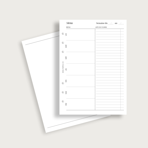 Insert planification menu de la semaine pour agenda à anneaux A5