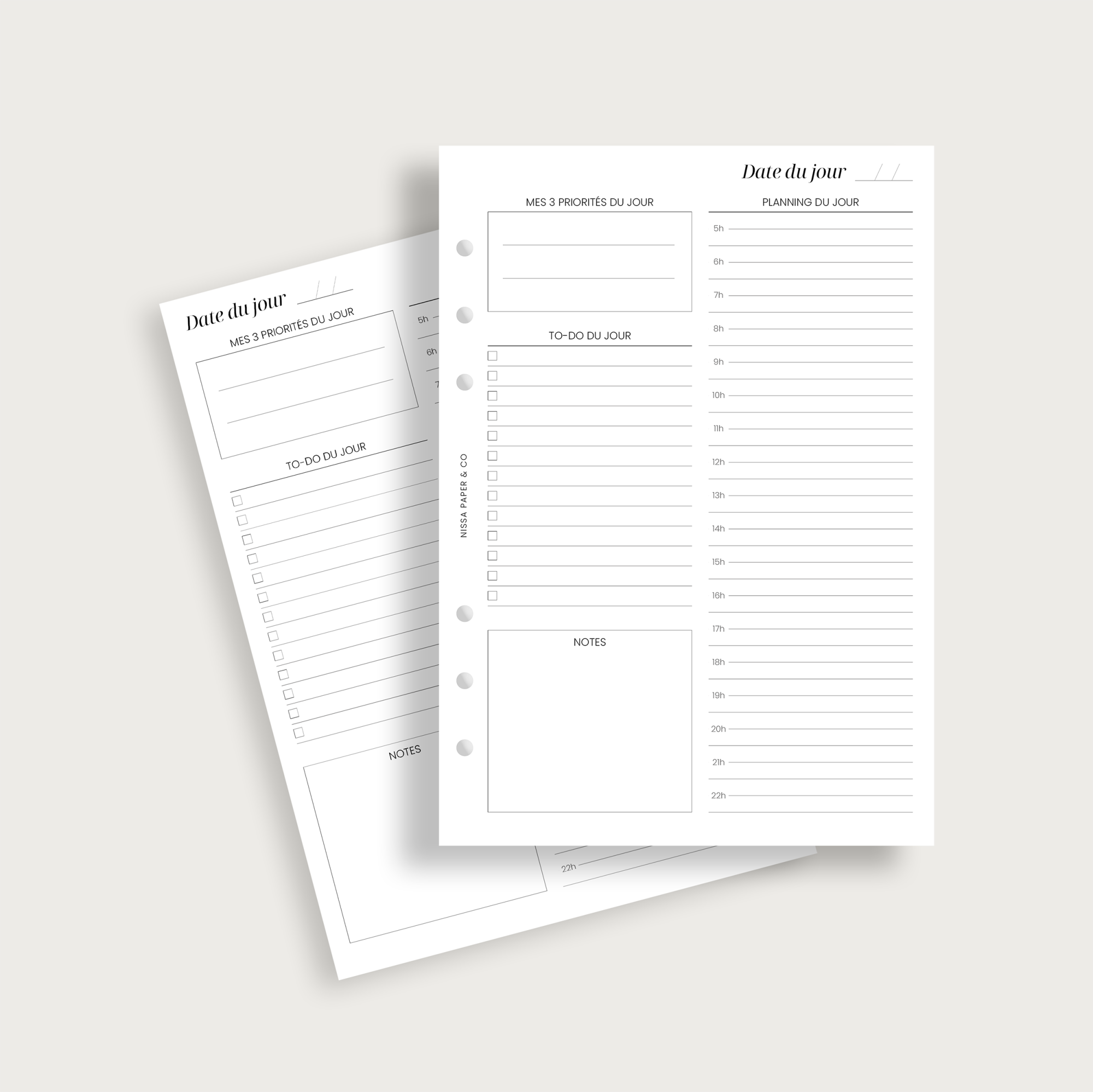 Insert journalier avec planning horaire pour agenda a anneau A5