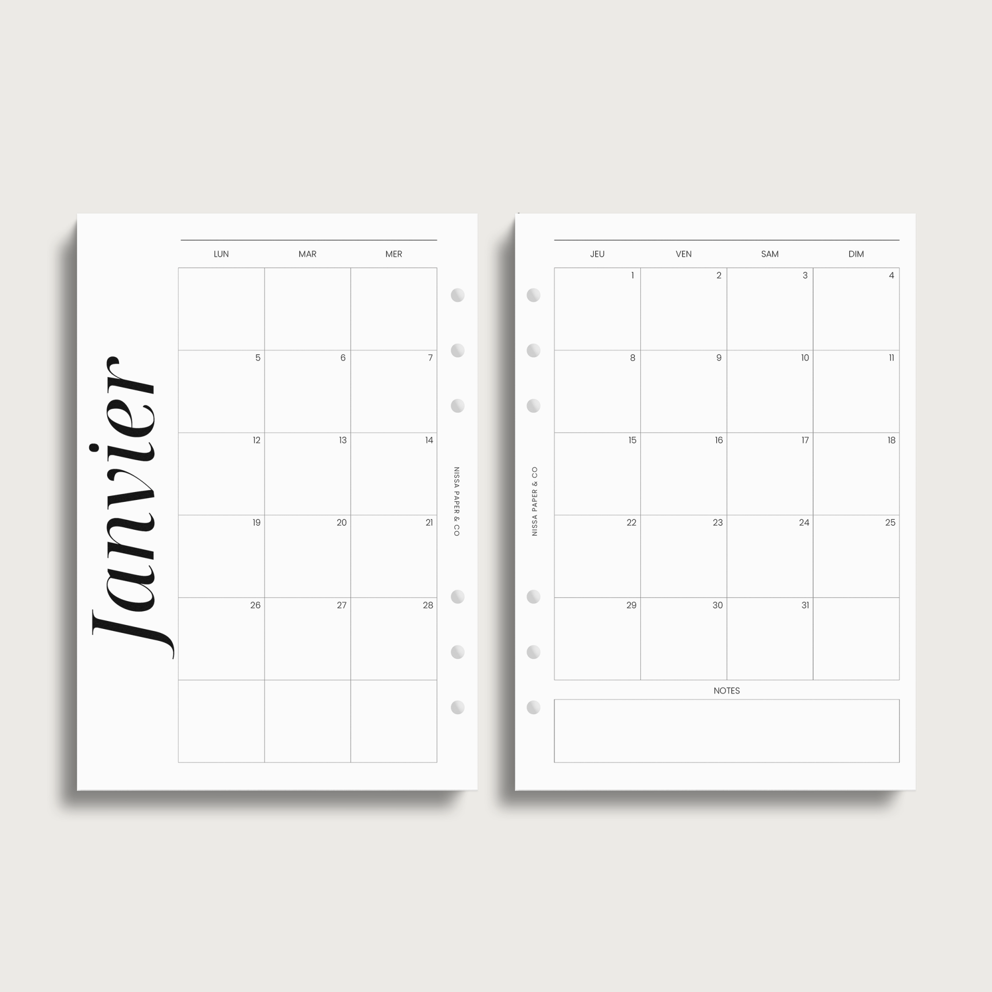 Insert mensuel 2 pages pour agenda a anneau A5