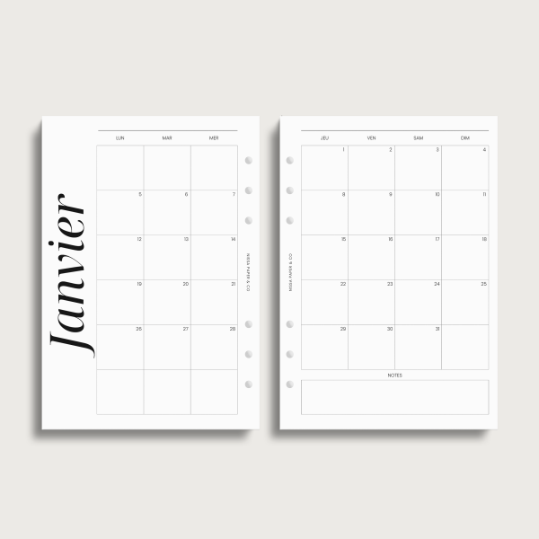 Insert mensuel 2 pages pour agenda a anneau A5