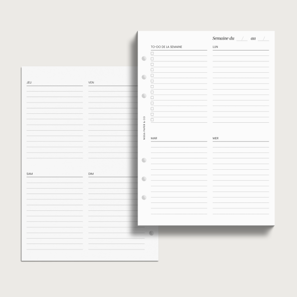 Insert semainier avec todo list pour agenda à anneaux A5