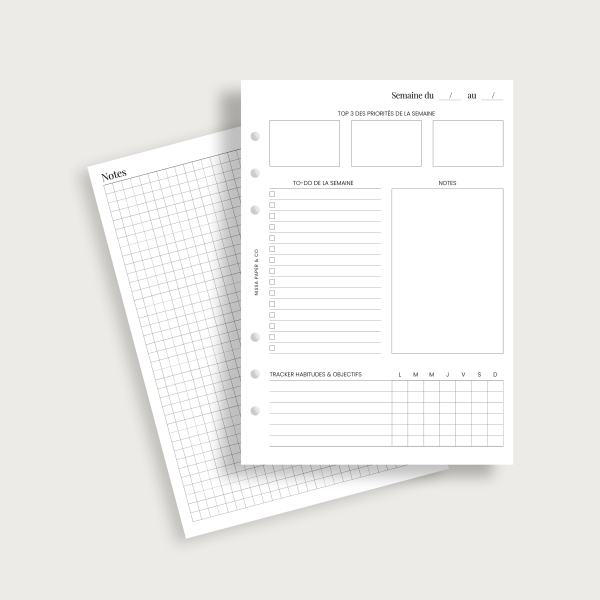 Insert semainier 2 pages classique pour agenda à anneaux A5