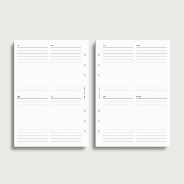 Insert semainier 2 pages classique pour agenda à anneaux A5