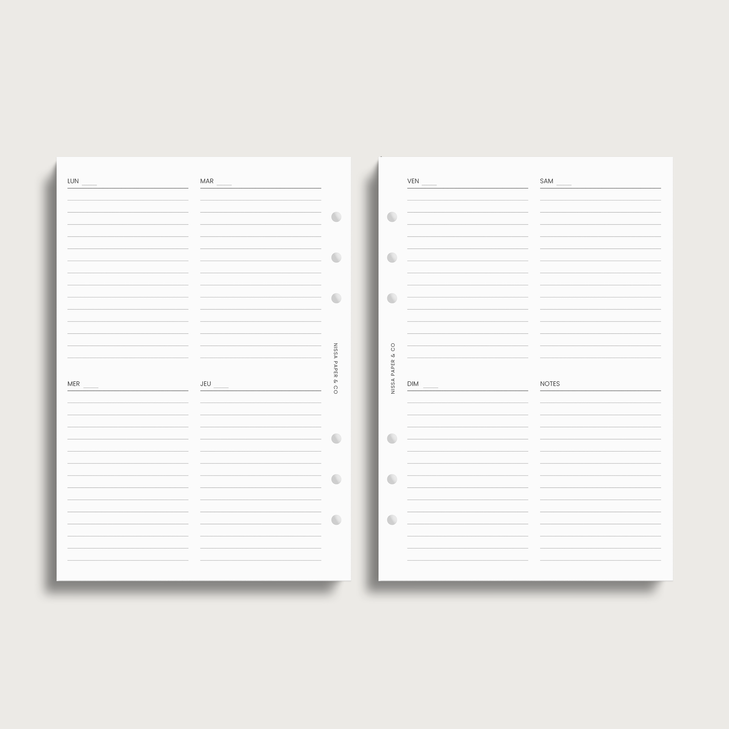Insert semainier 2 pages classique pour agenda à anneaux A5